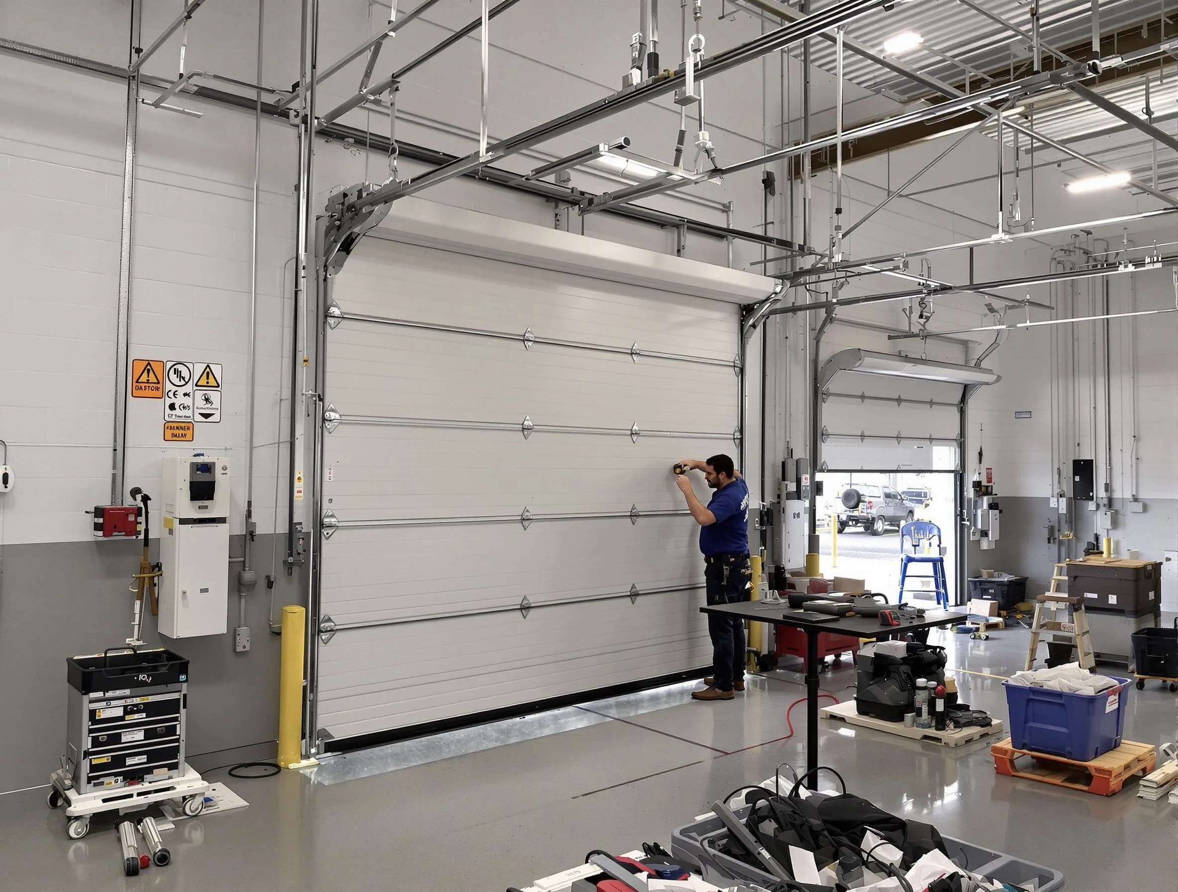 Commercial garage door repair being performed by Purcell Garage Door Repair expert in Purcell