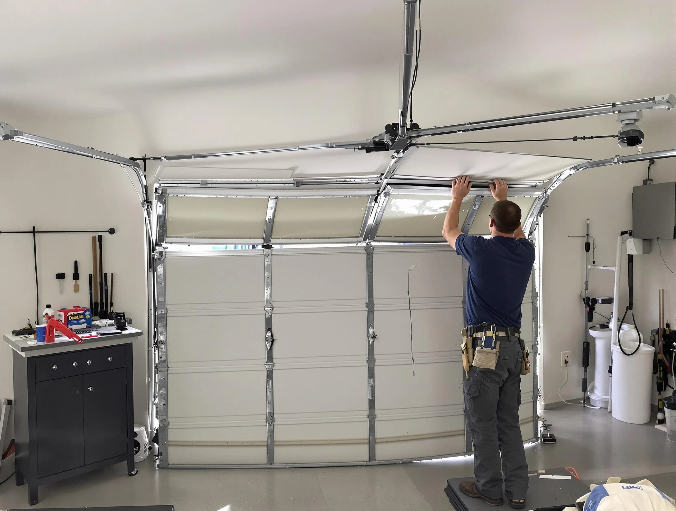 Purcell Garage Door Repair specialist performing precise section replacement on Purcell garage door