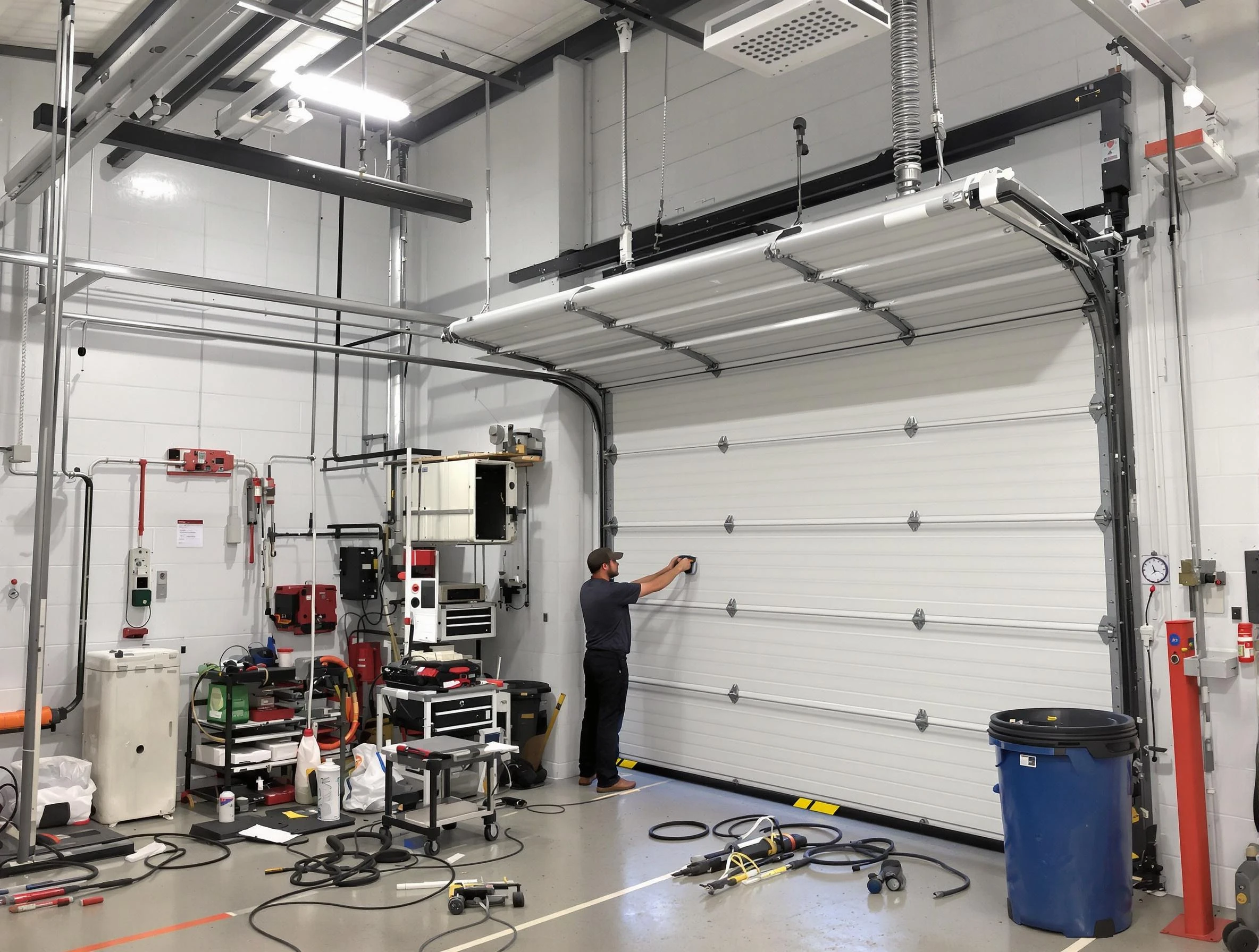 Purcell Garage Door Repair certified technician performing commercial door repair at a Purcell business facility