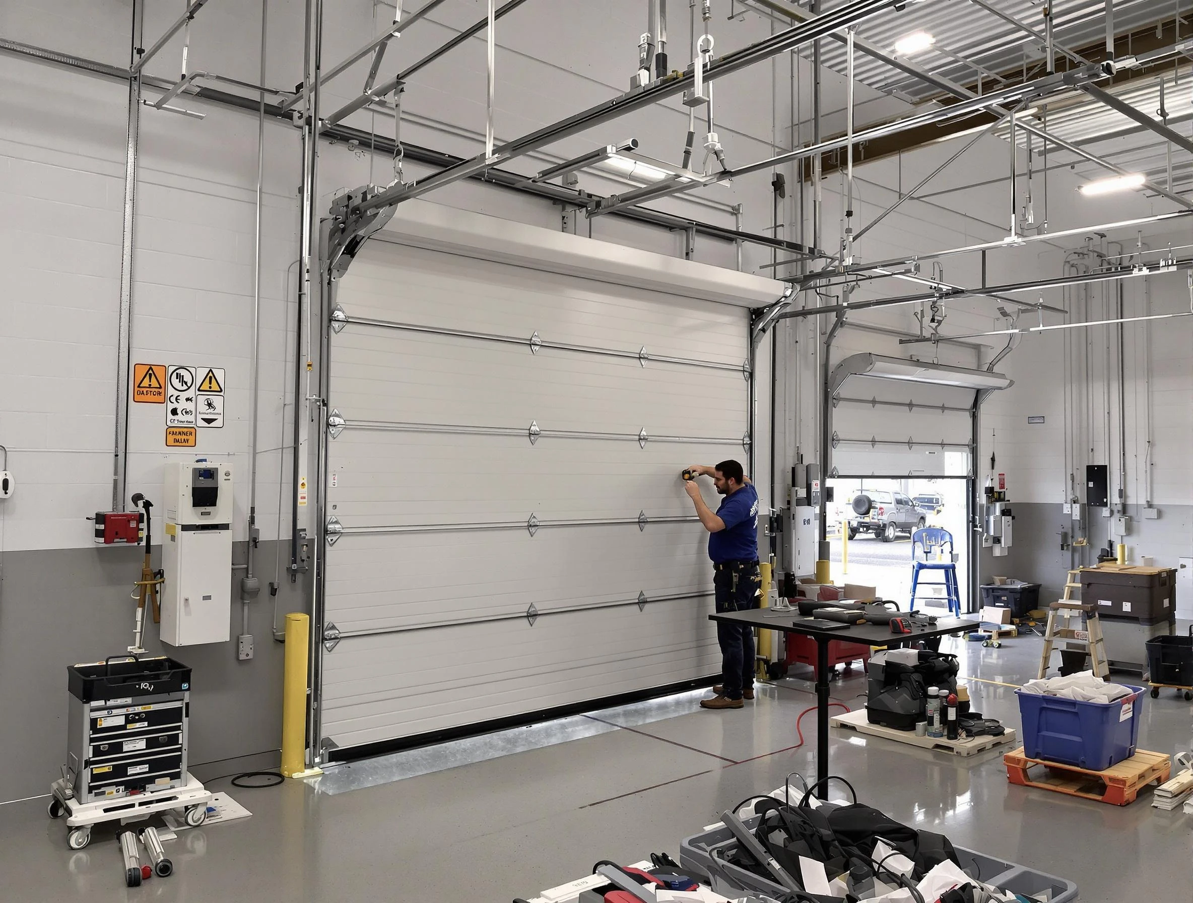 Commercial garage door repair being performed by Purcell Garage Door Repair expert in Purcell