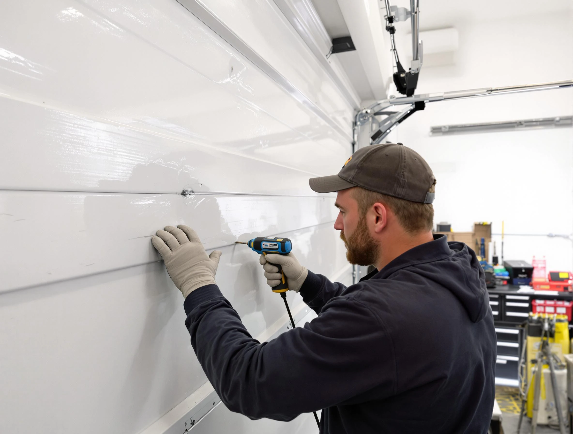 Purcell Garage Door Repair technician demonstrating precision dent removal techniques on a Purcell garage door