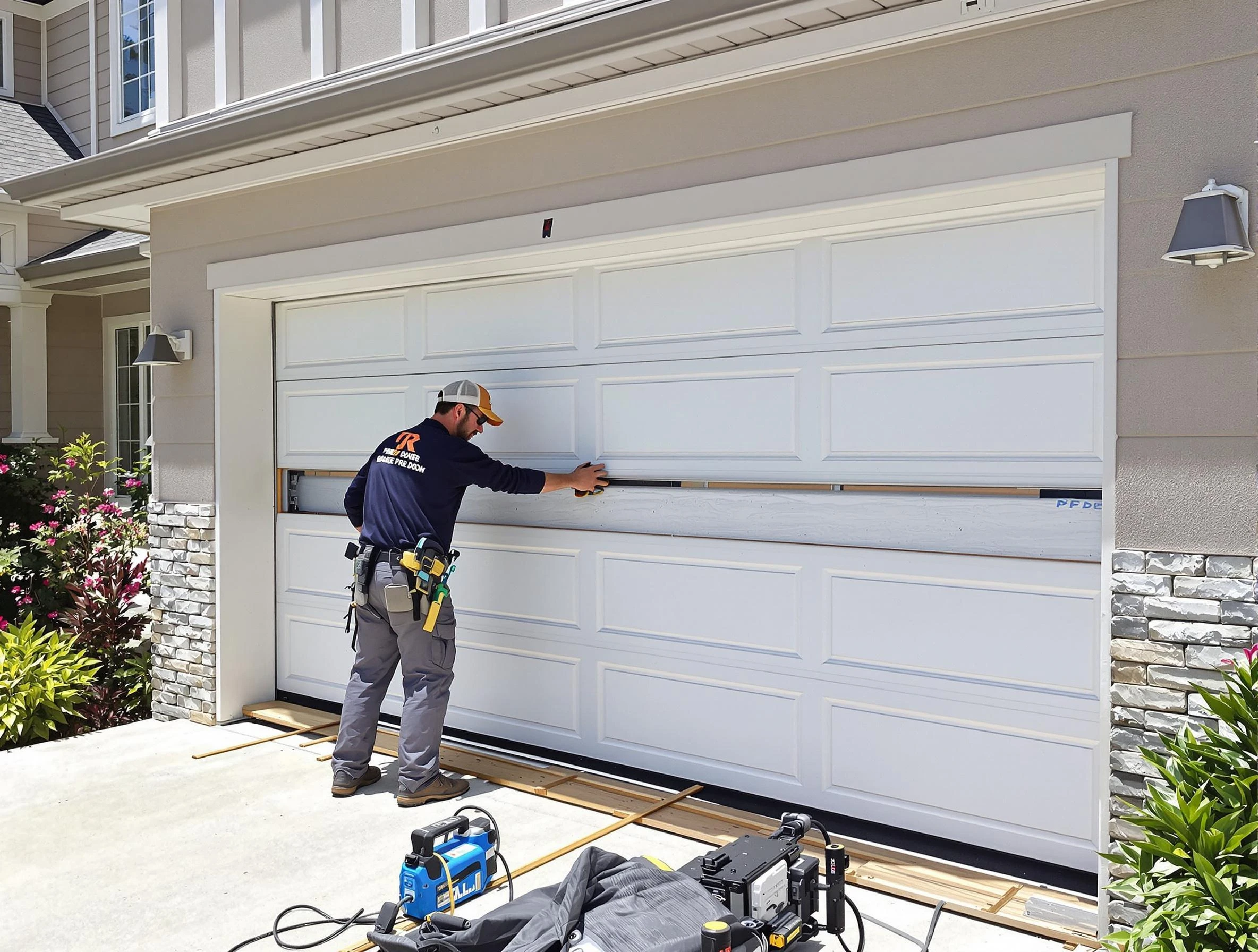 Purcell Garage Door Repair team performing complete garage door replacement at Purcell residence