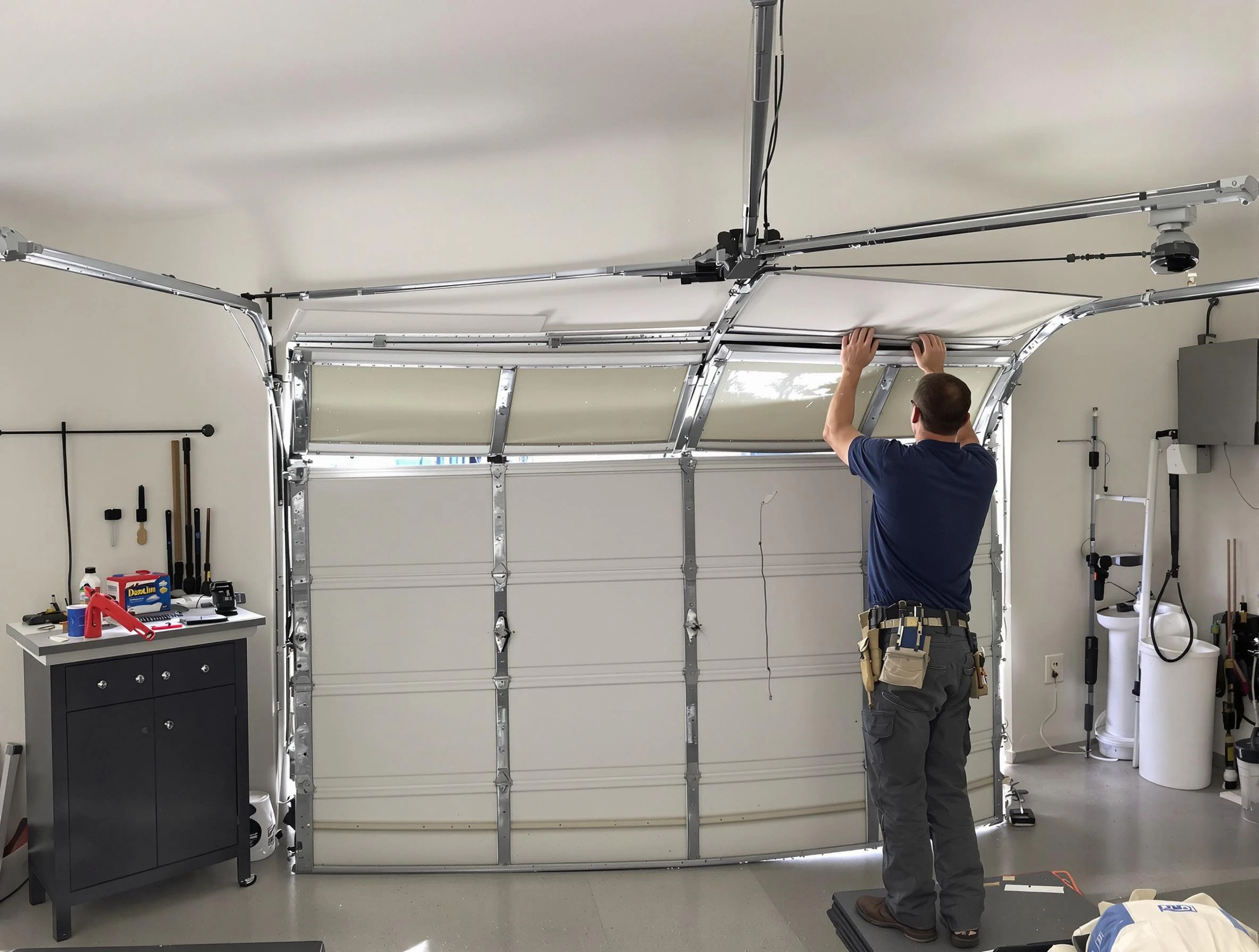Purcell Garage Door Repair specialist performing precise section replacement on Purcell garage door