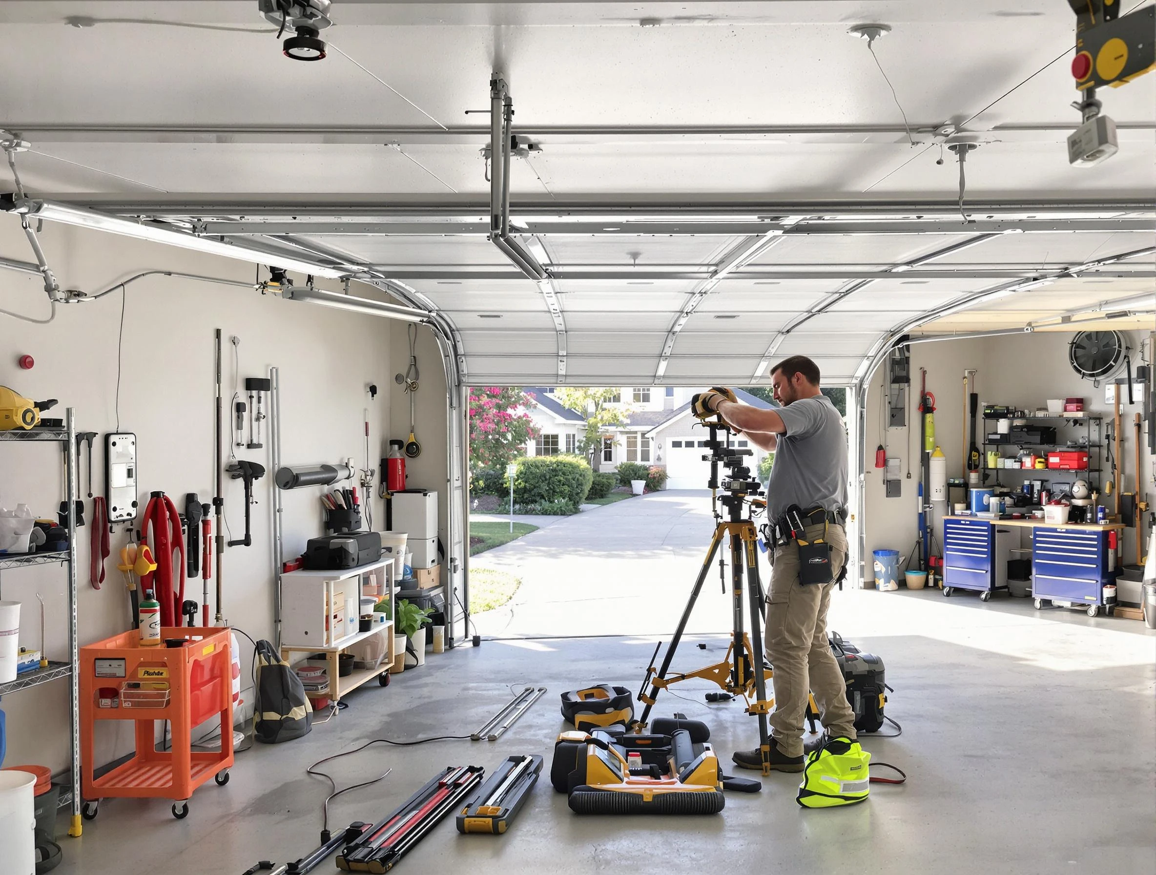 Purcell Garage Door Repair specialist performing laser-guided track alignment in Purcell
